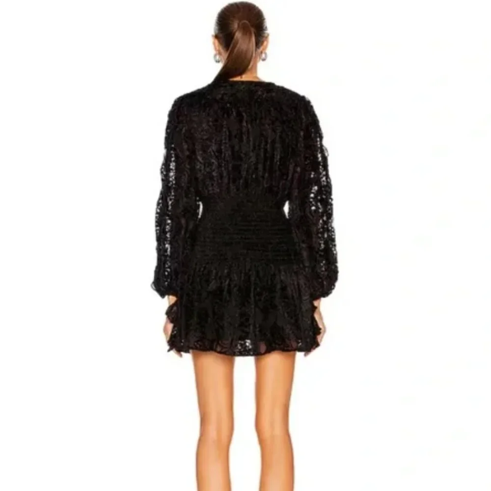 Rococo Sand Sade Lace Trim Mini Dress in Black NWT